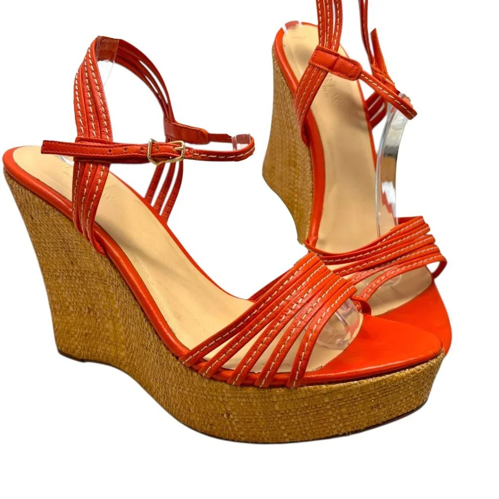 J. Crew Bette Orange Leather‎ Made in Italy Raffia High Wedge Sandals